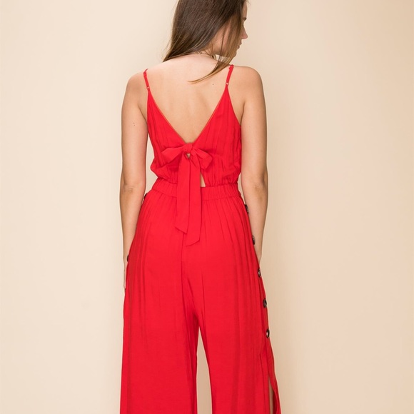 Only 1 Left! ❤️ Wardrobe Essential-Spaghetti Strap Jumpsuit w/ Buttonside Pants - Picture 2 of 8